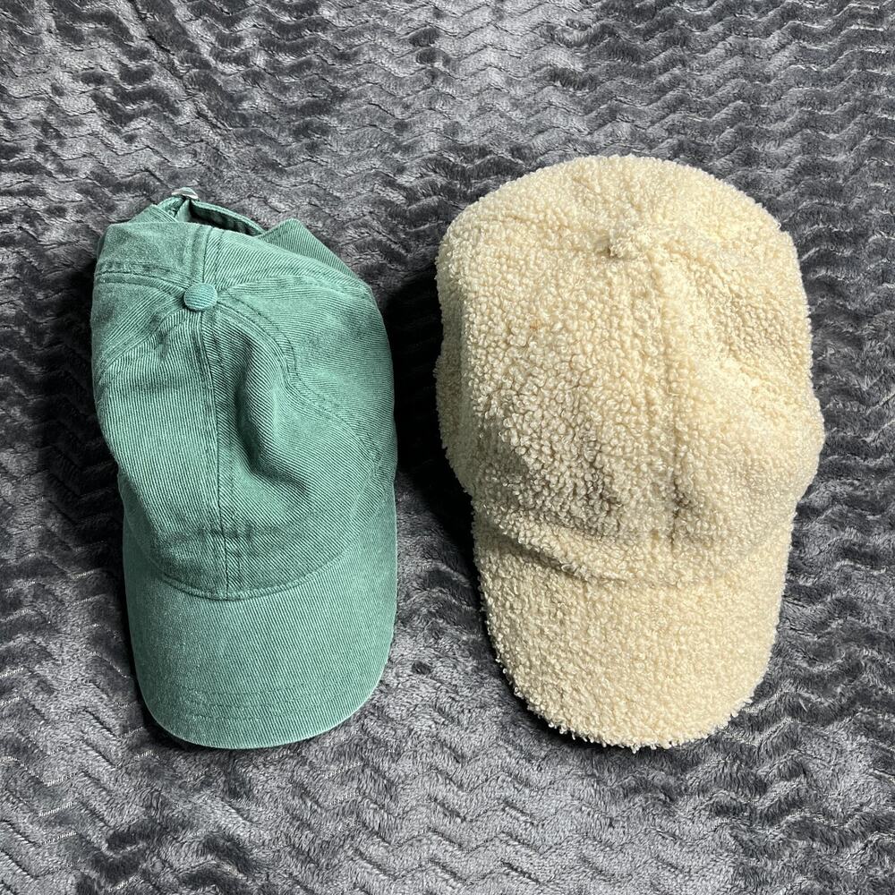 Lot of 2 Sherpa Ball Cap Hat Adjustable Cream Faux Sherpa & green hat
